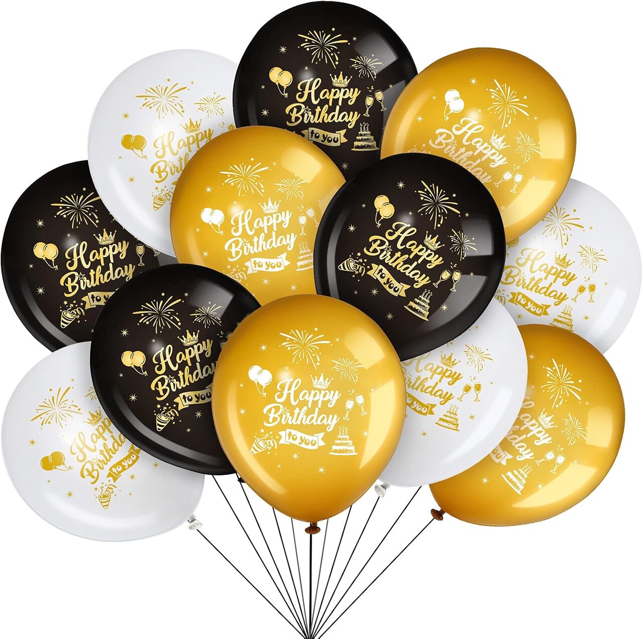 45 Pieces 12-Inch Black, Gold & White Happy Birthday Balloons – Latex Party Decorations for Girls, Boys, Women & Men, Indoor & Outdoor Birthday or Anniversary Celebration (Gold,white)